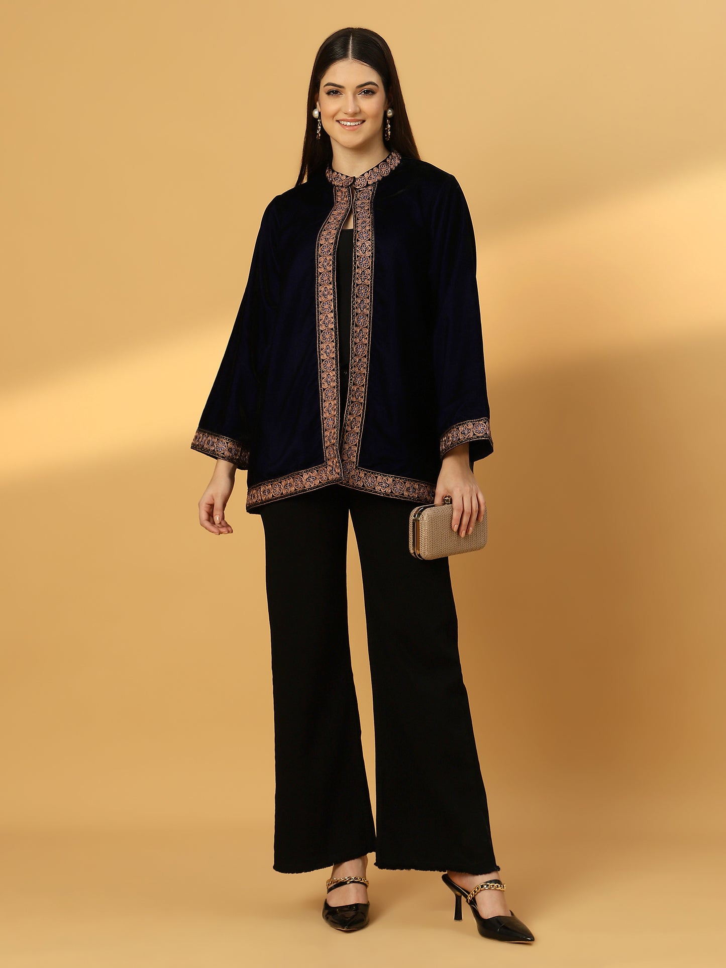 Women's Velvet Cape Shrug with Embroidery on Neck and Borders | Blue