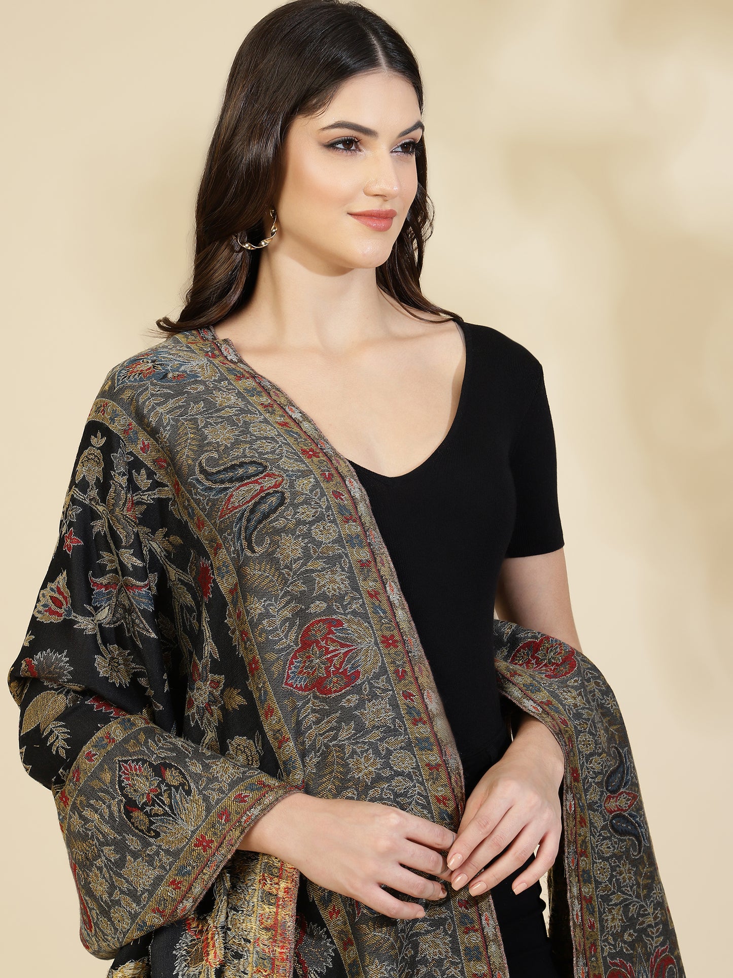 Kani Floral Zari Weave Pure Wool Shawl For Women | Black