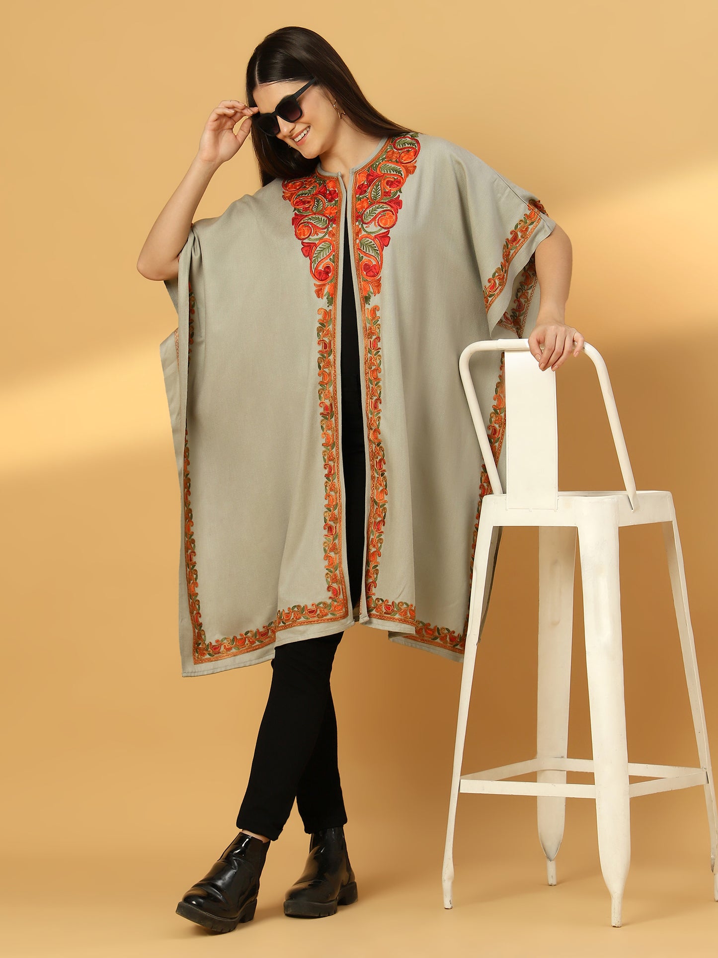 Kashmiri Embroidery Grey Pheran Shrug