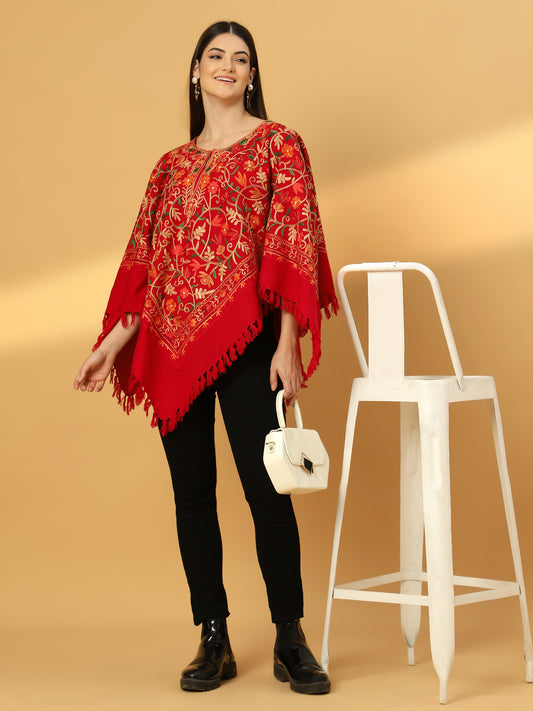 Woolen Kashmiri Poncho with Jaal Embroidery and Silk Lining | Red