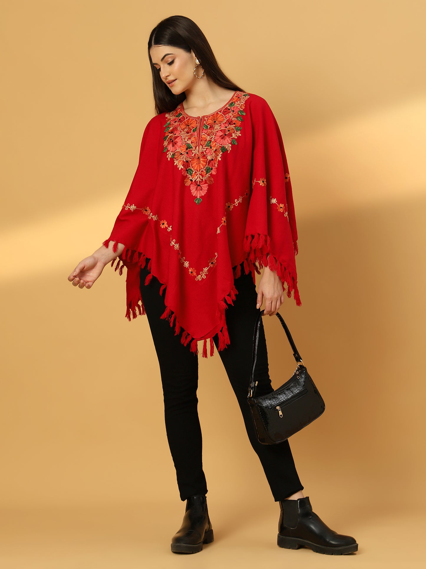 Woollen Poncho with Kashmiri Embroidery and Silk Lining | Red