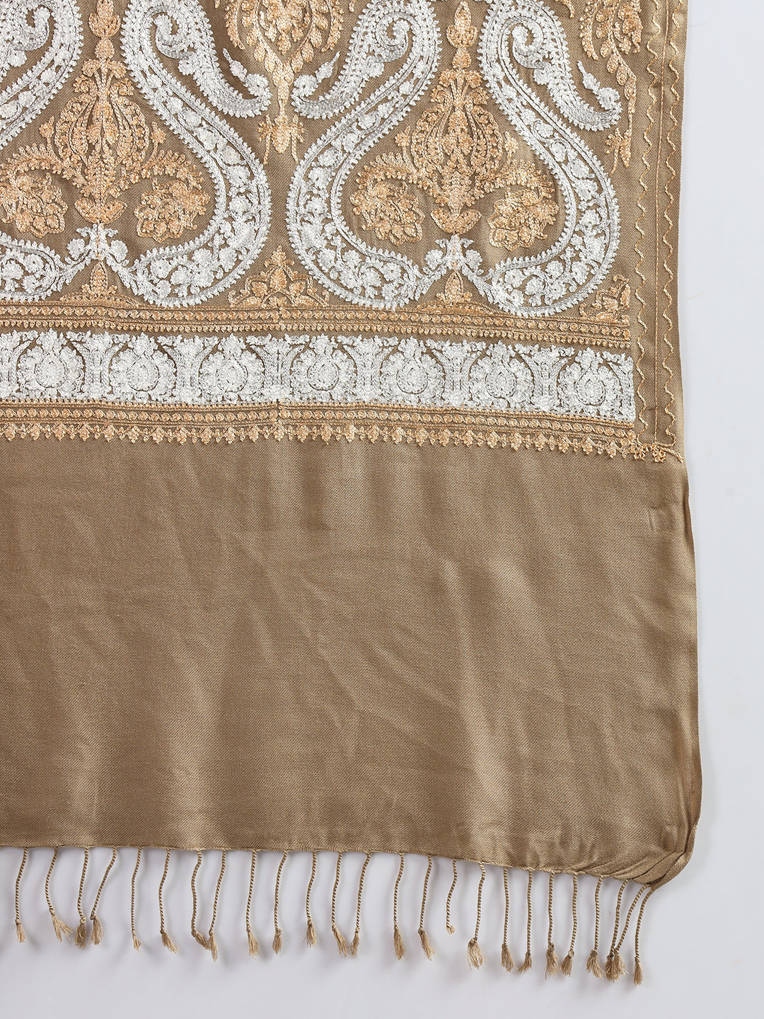 Woollen Pashmina Feel Stole in Silk Embroidery for Women | Brown