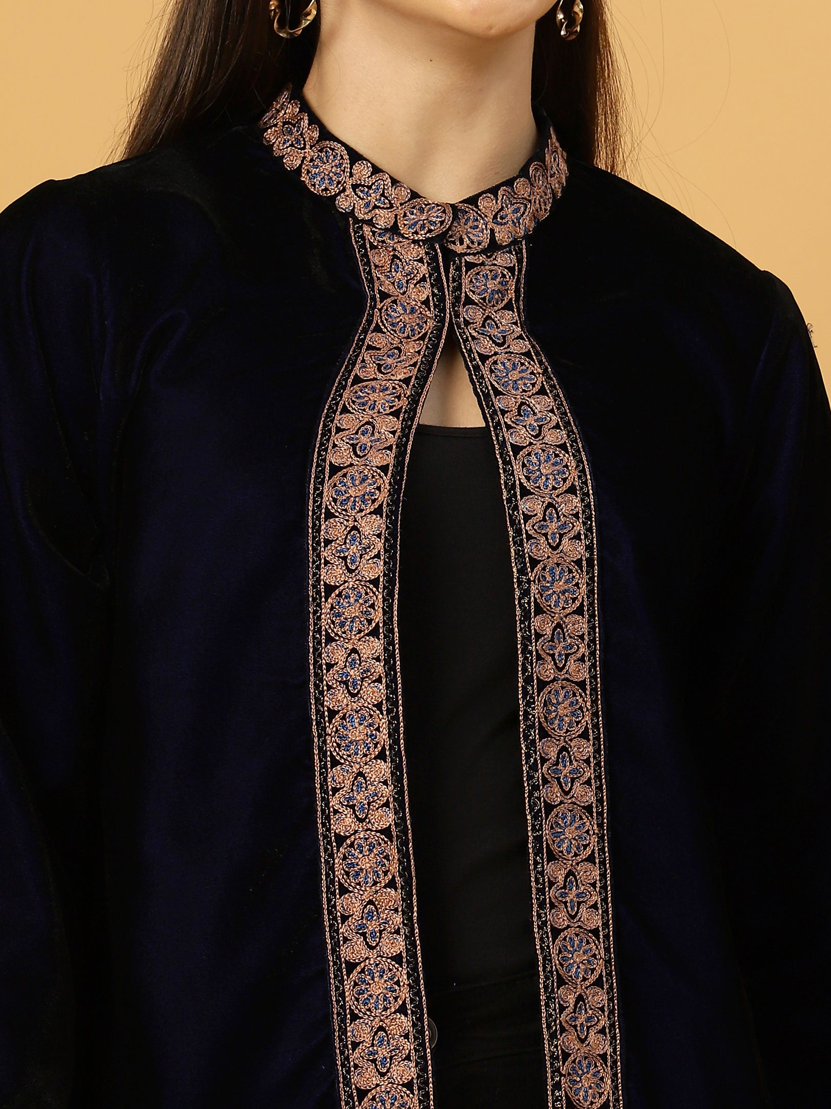 Women's Velvet Cape Shrug with Embroidery on Neck and Borders | Blue