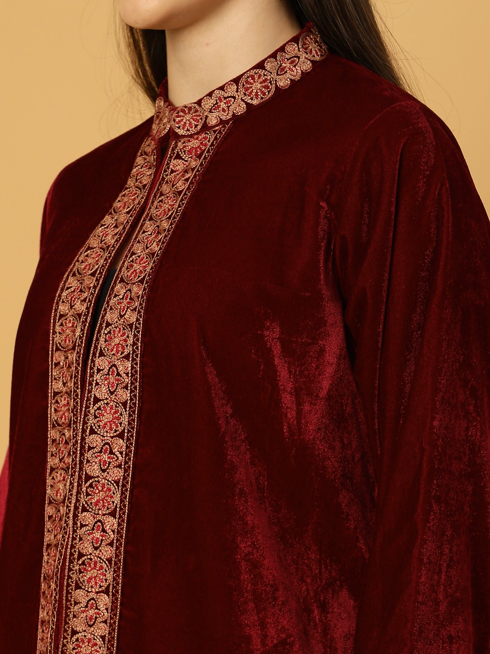 Women's Velvet Cape Shrug with Embroidery on Neck and Borders | Maroon