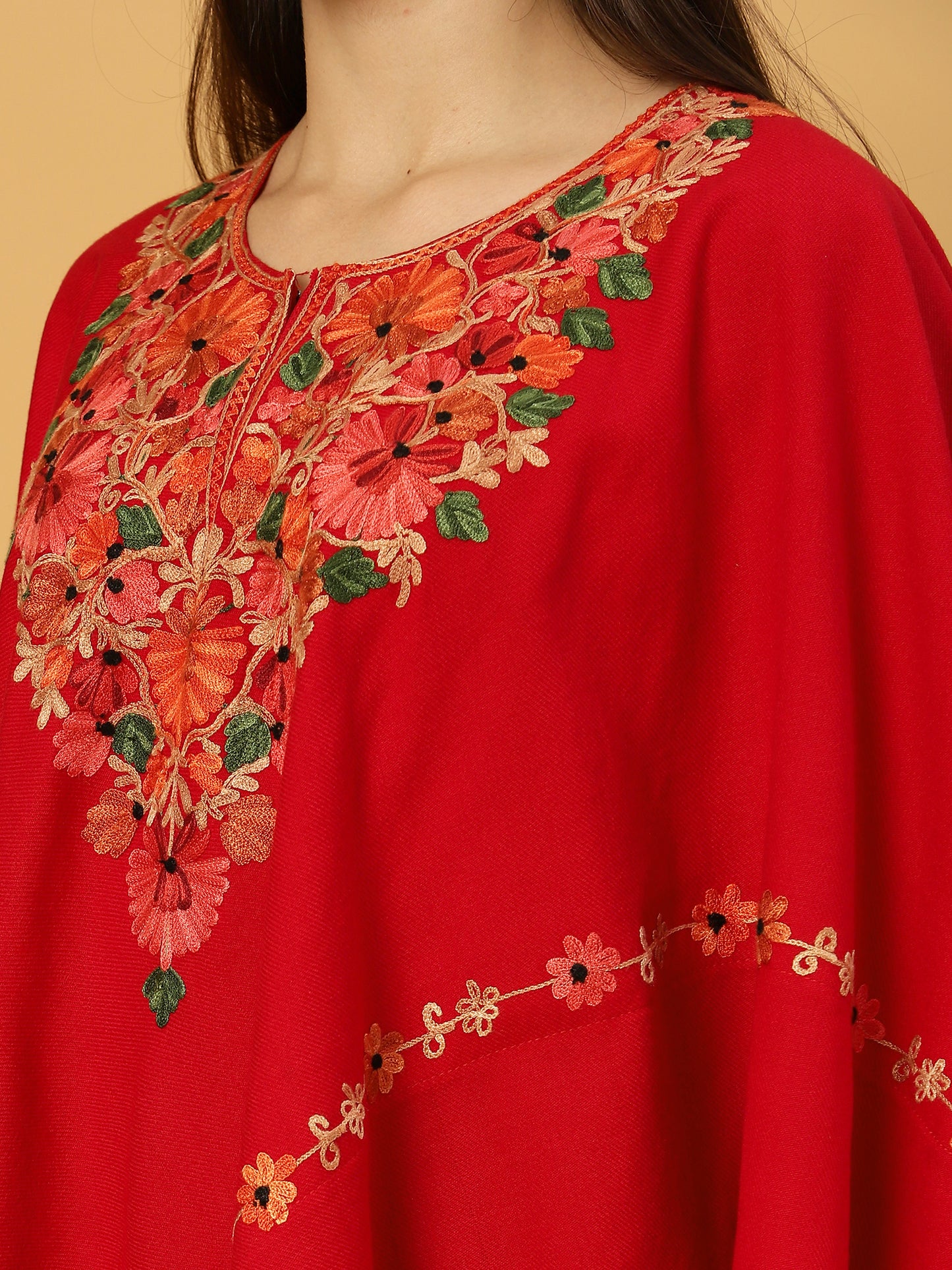 Woollen Poncho with Kashmiri Embroidery and Silk Lining | Red