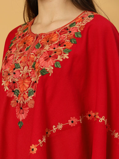 Woollen Poncho with Kashmiri Embroidery and Silk Lining | Red