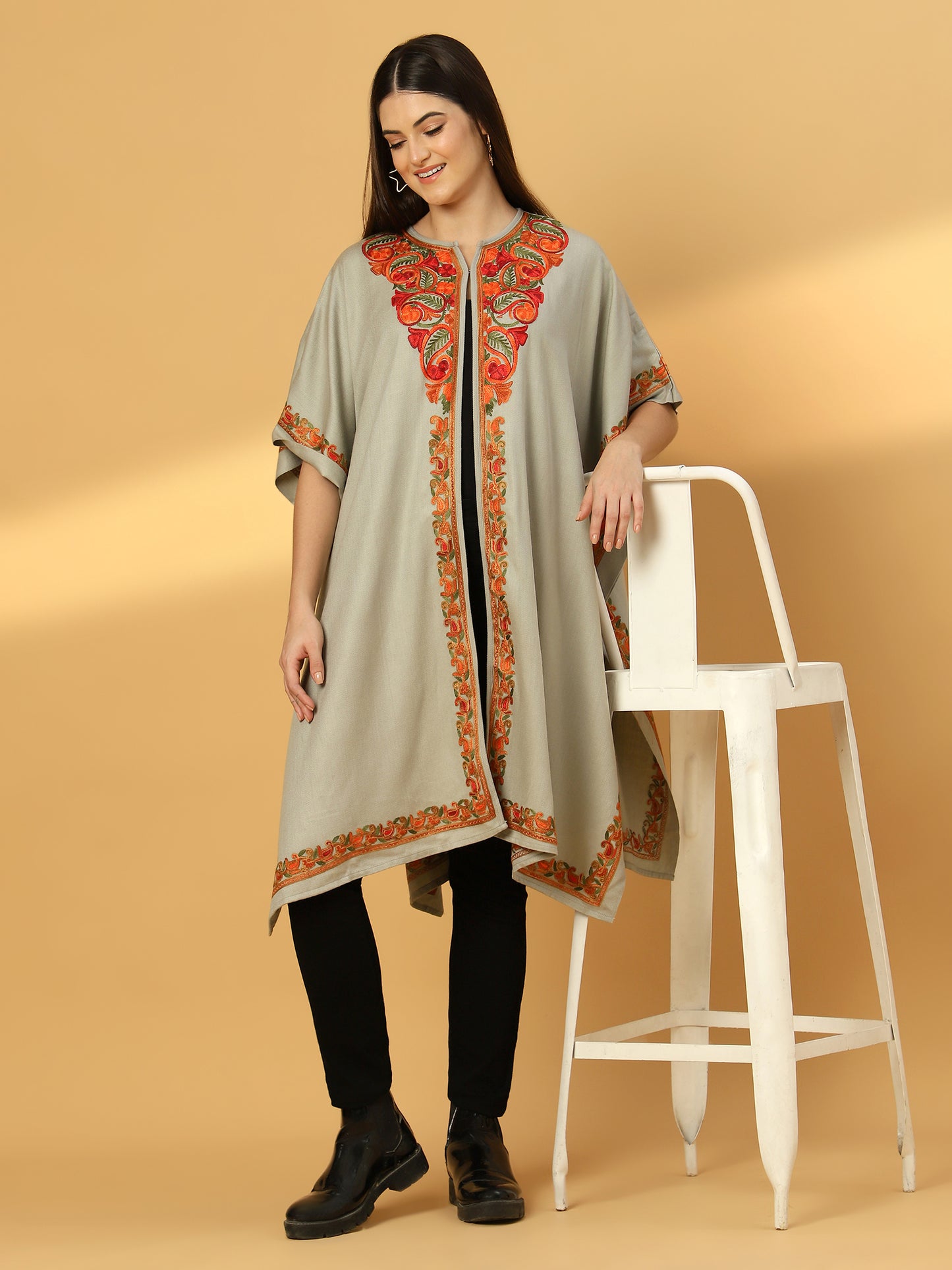 Kashmiri Embroidery Grey Pheran Shrug