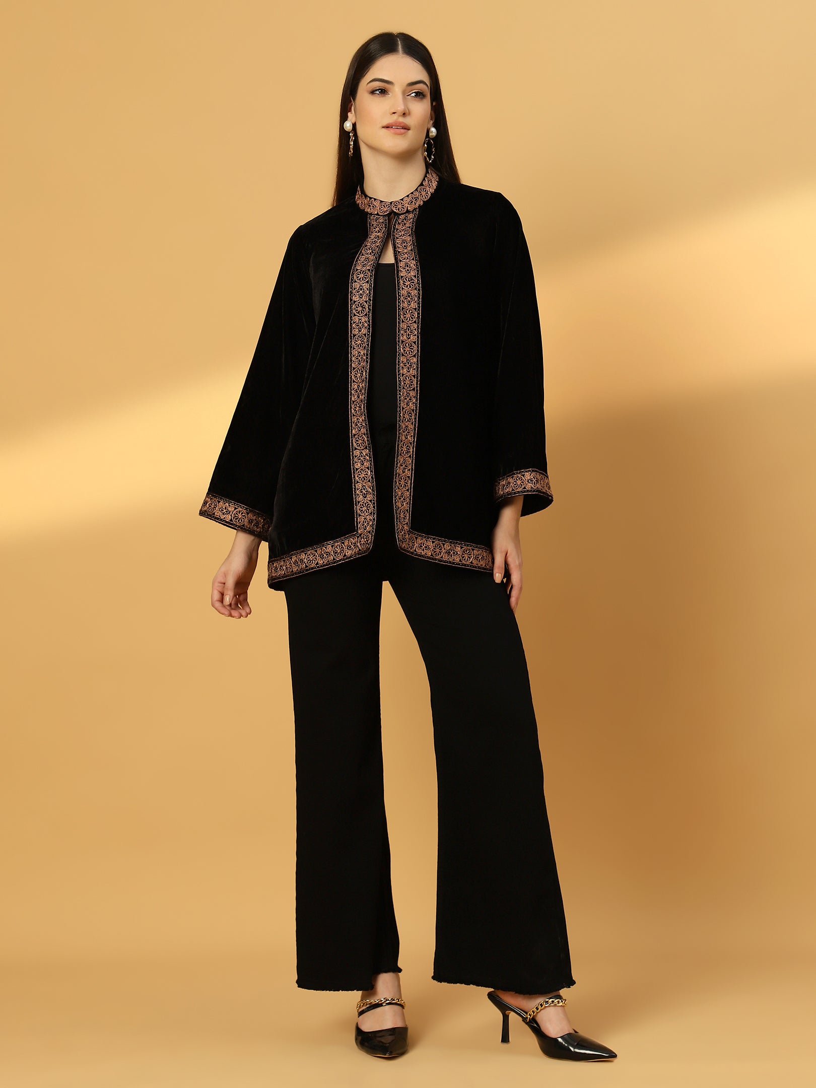 Women's Velvet Cape Shrug with Embroidery on Neck and Borders | Black