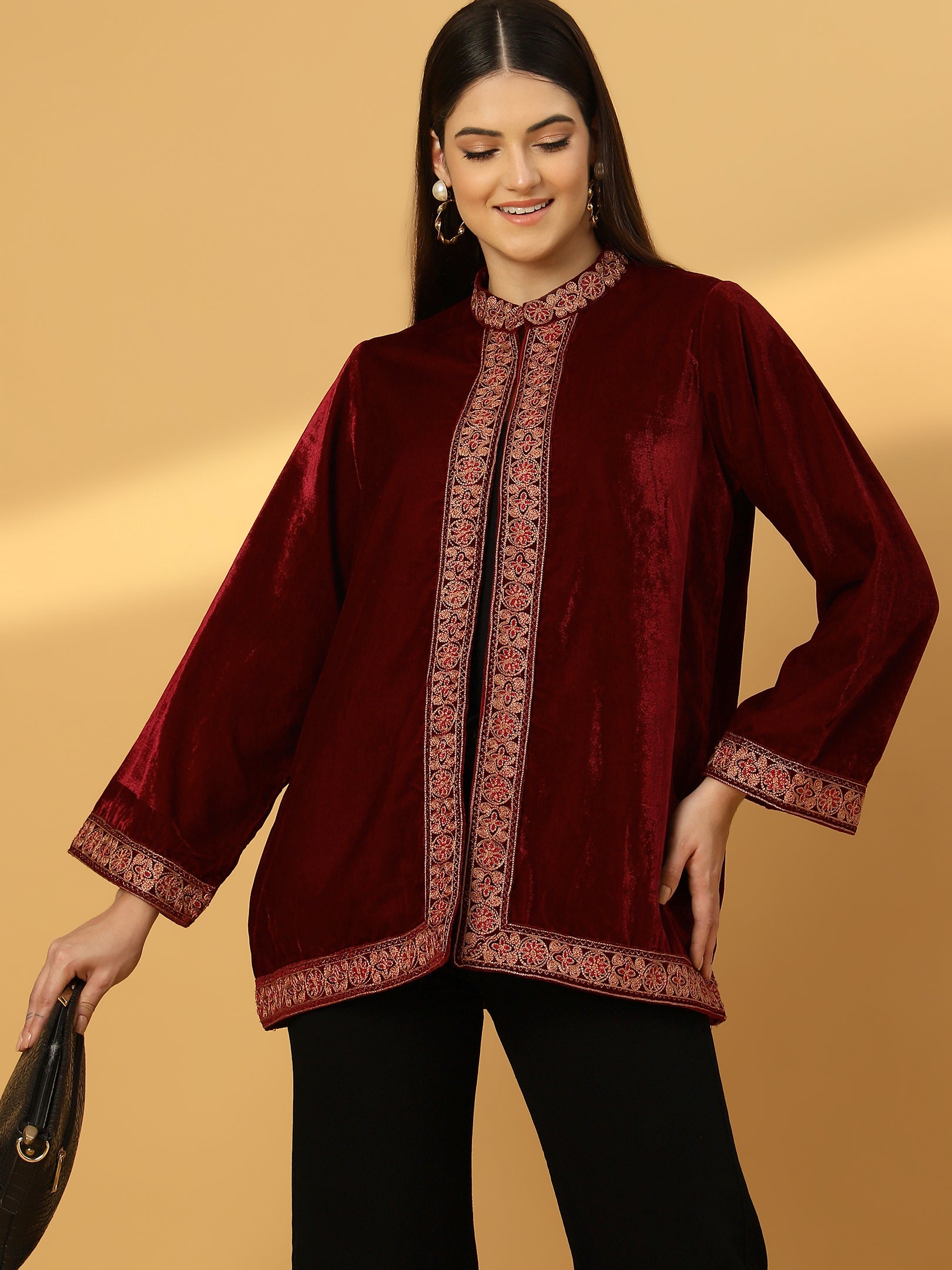 Women's Velvet Cape Shrug with Embroidery on Neck and Borders | Maroon