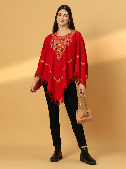 Woollen Poncho with Kashmiri Embroidery and Silk Lining | Red