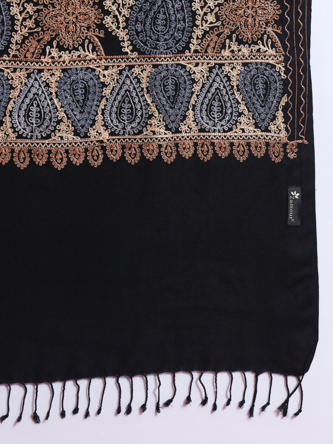 Woollen Pashmina Feel Royal Stole in Silk Embroidery Dense Jaal for Women | Black