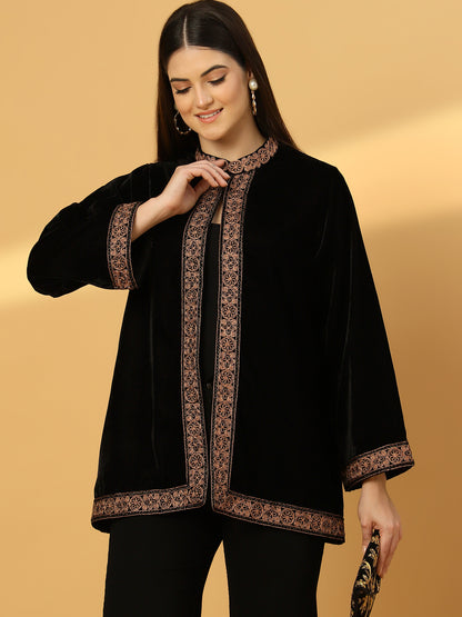 Women's Velvet Cape Shrug with Embroidery on Neck and Borders | Black