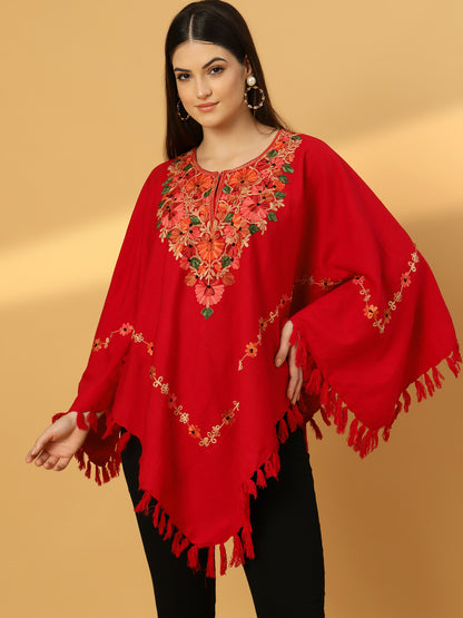 Woollen Poncho with Kashmiri Embroidery and Silk Lining | Red