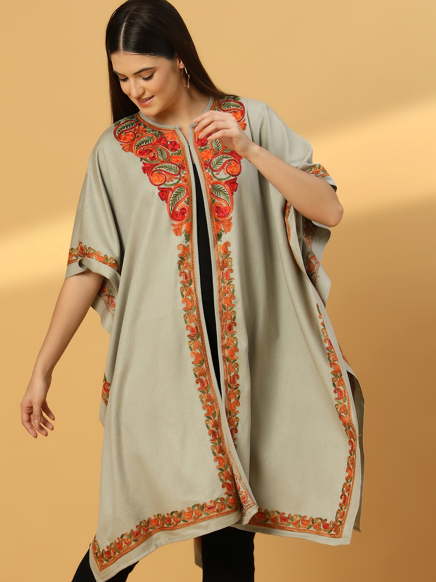 Kashmiri Embroidery Grey Pheran Shrug