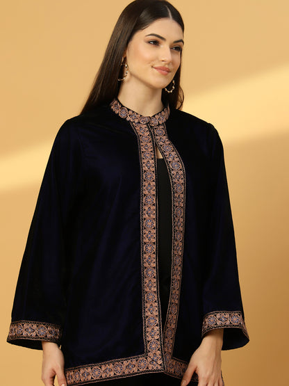 Women's Velvet Cape Shrug with Embroidery on Neck and Borders | Blue