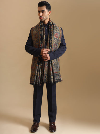 Kani Weave Zari Jaal Pure Wool Shawl for Men | Black