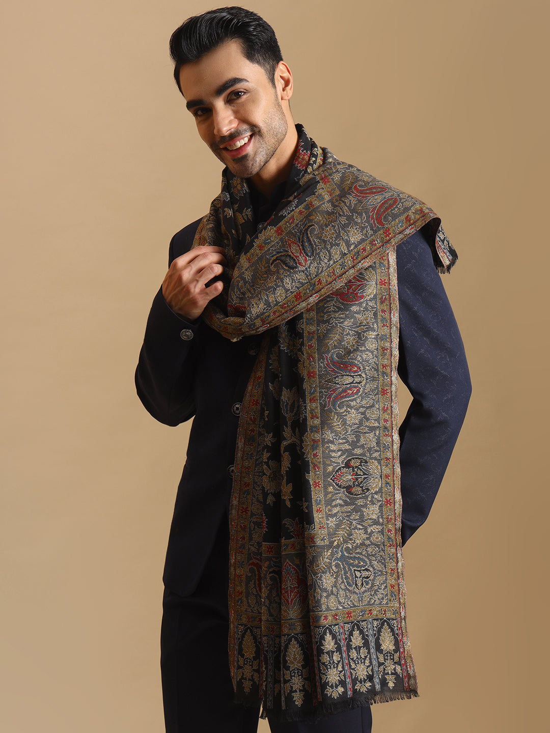 Kani Weave Zari Jaal Pure Wool Shawl for Men | Black