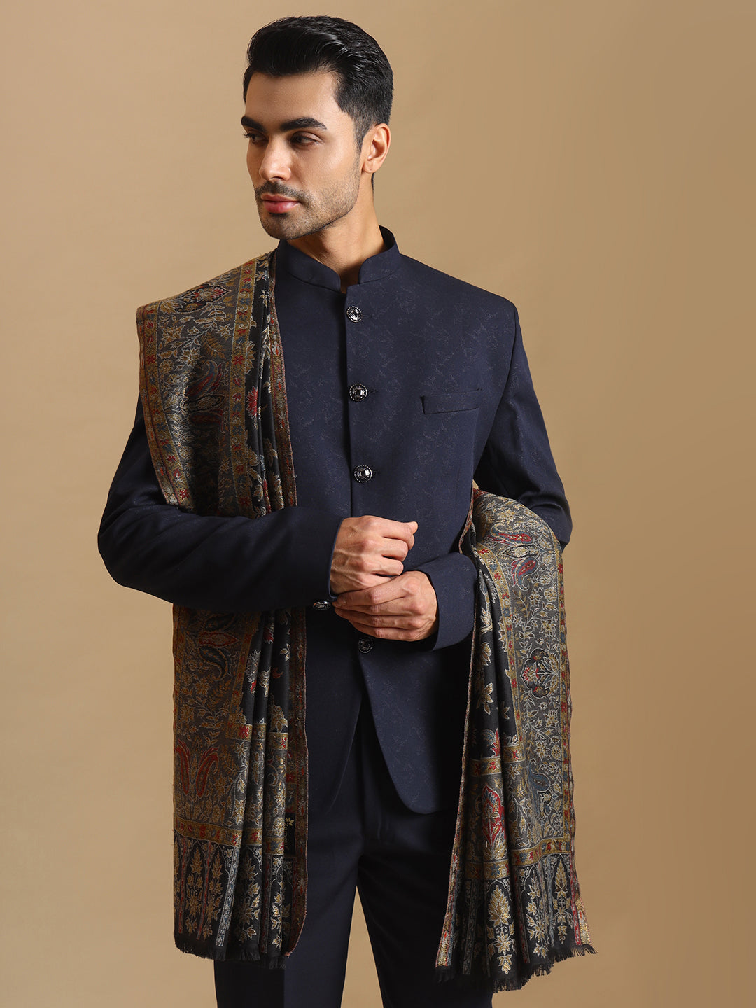 Kani Weave Zari Jaal Pure Wool Shawl for Men | Black