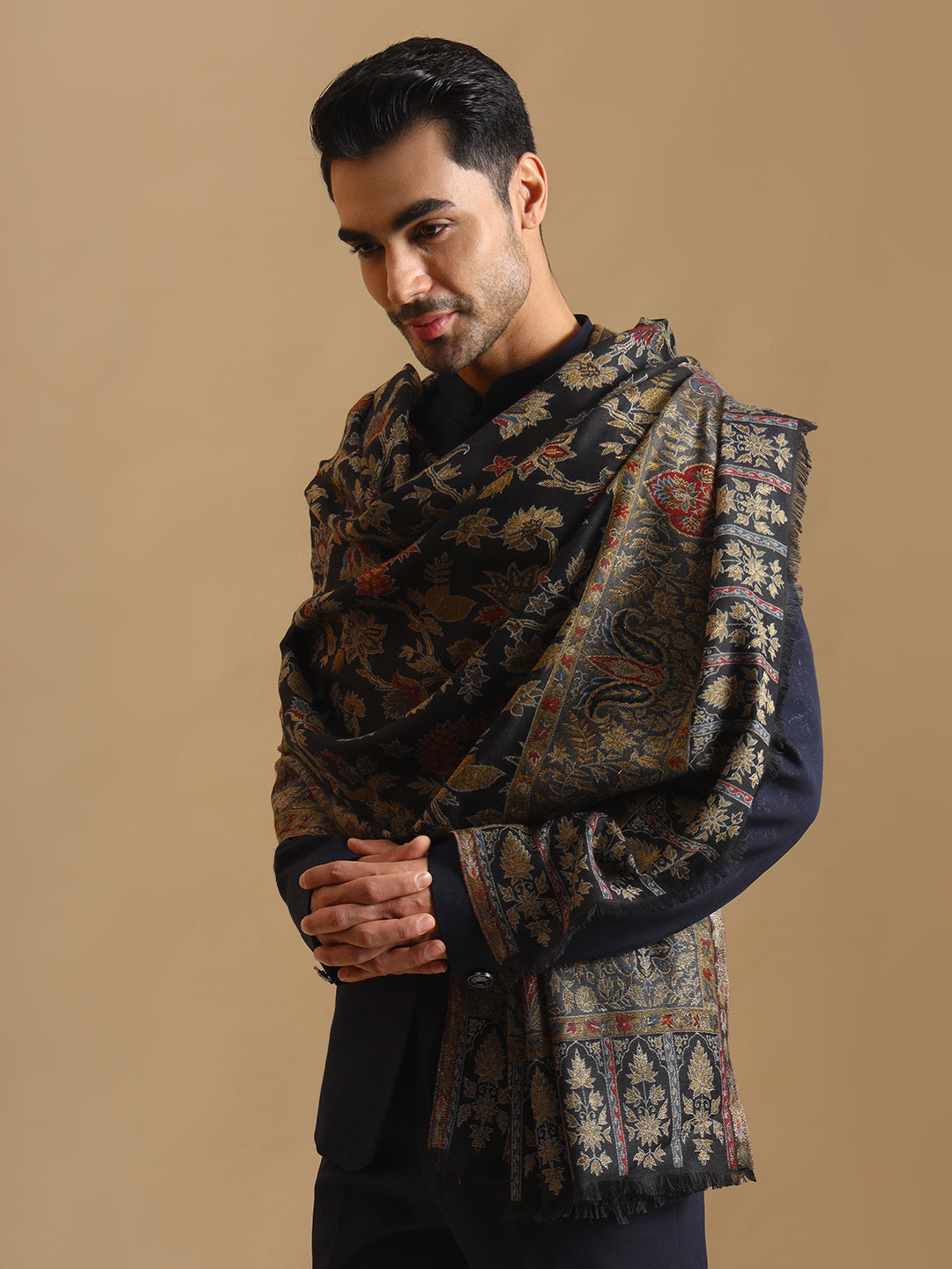 Kani Weave Zari Jaal Pure Wool Shawl for Men | Black