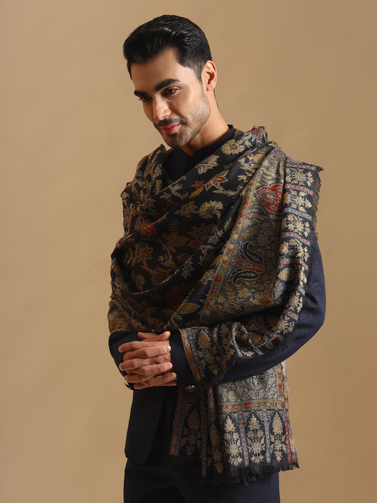 Kani Weave Zari Jaal Pure Wool Shawl for Men | Black