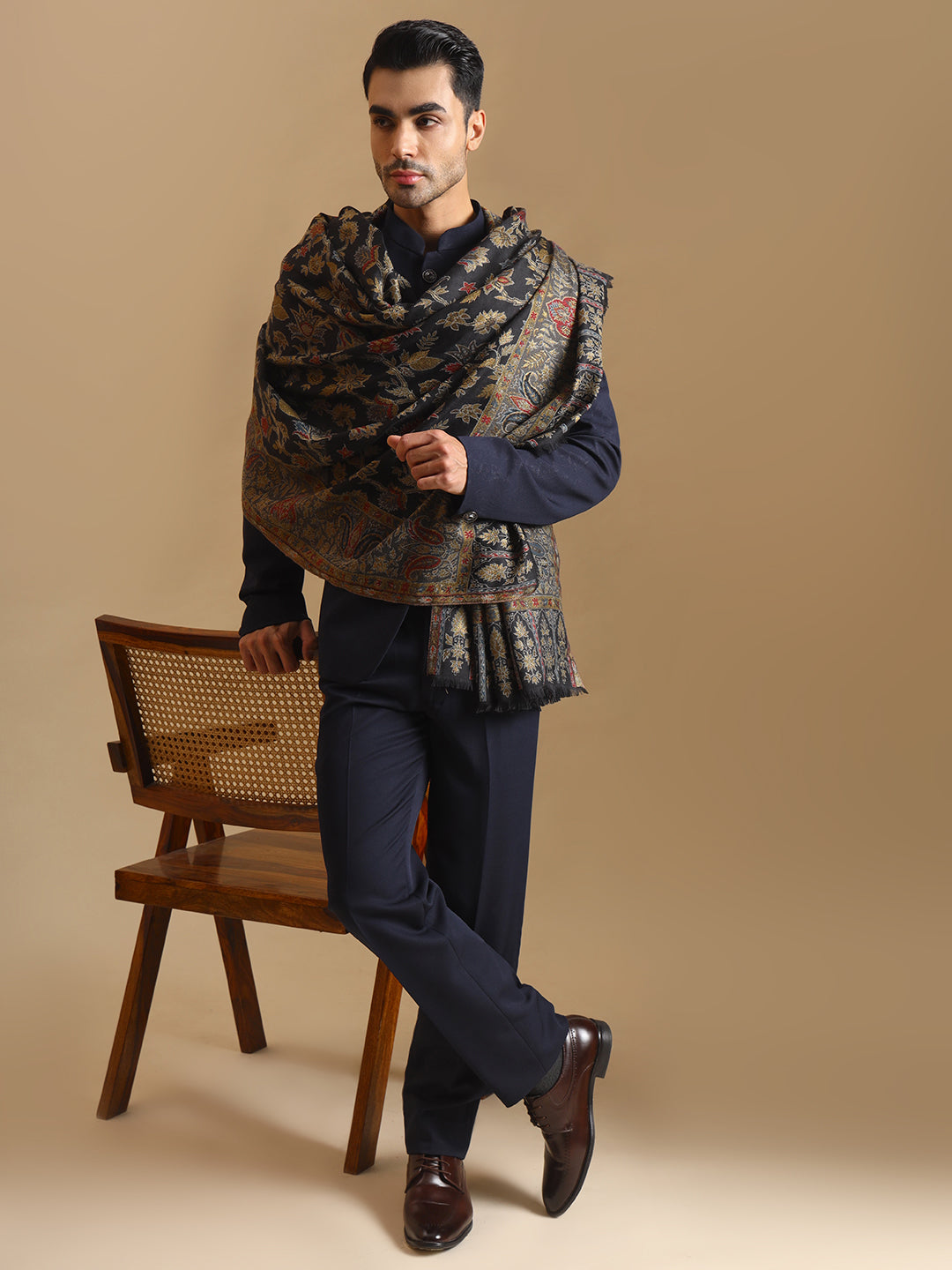 Kani Weave Zari Jaal Pure Wool Shawl for Men | Black