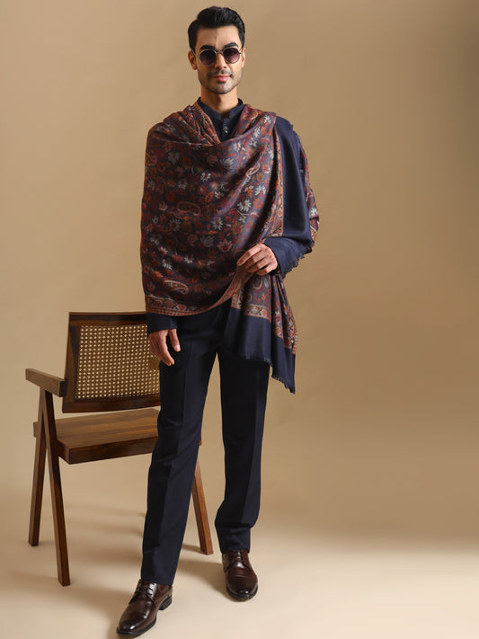 Jamawar Woven Jacquard Jaal Shawl for Men | Blue