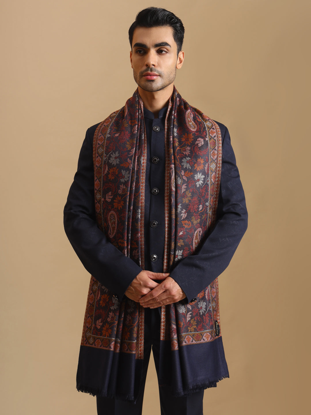 Jamawar Woven Jacquard Jaal Shawl for Men | Blue