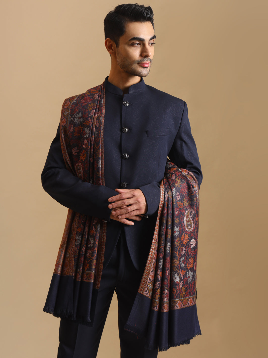 Jamawar Woven Jacquard Jaal Shawl for Men | Blue