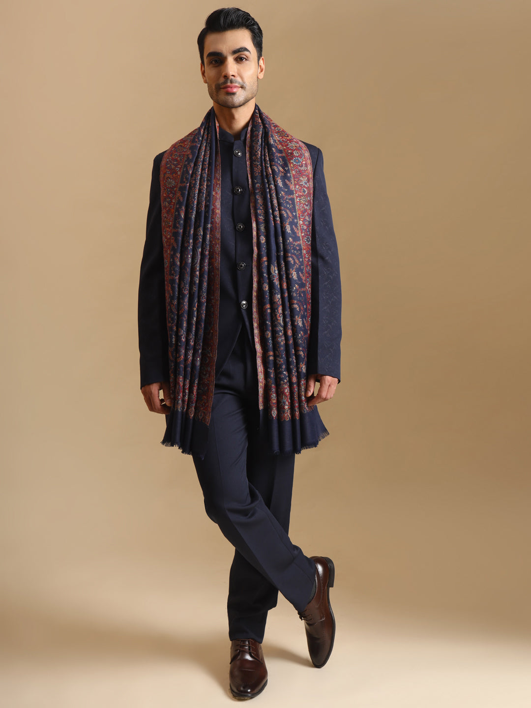 Kani Weave Traditional Pattern Shawl for Men | Blue