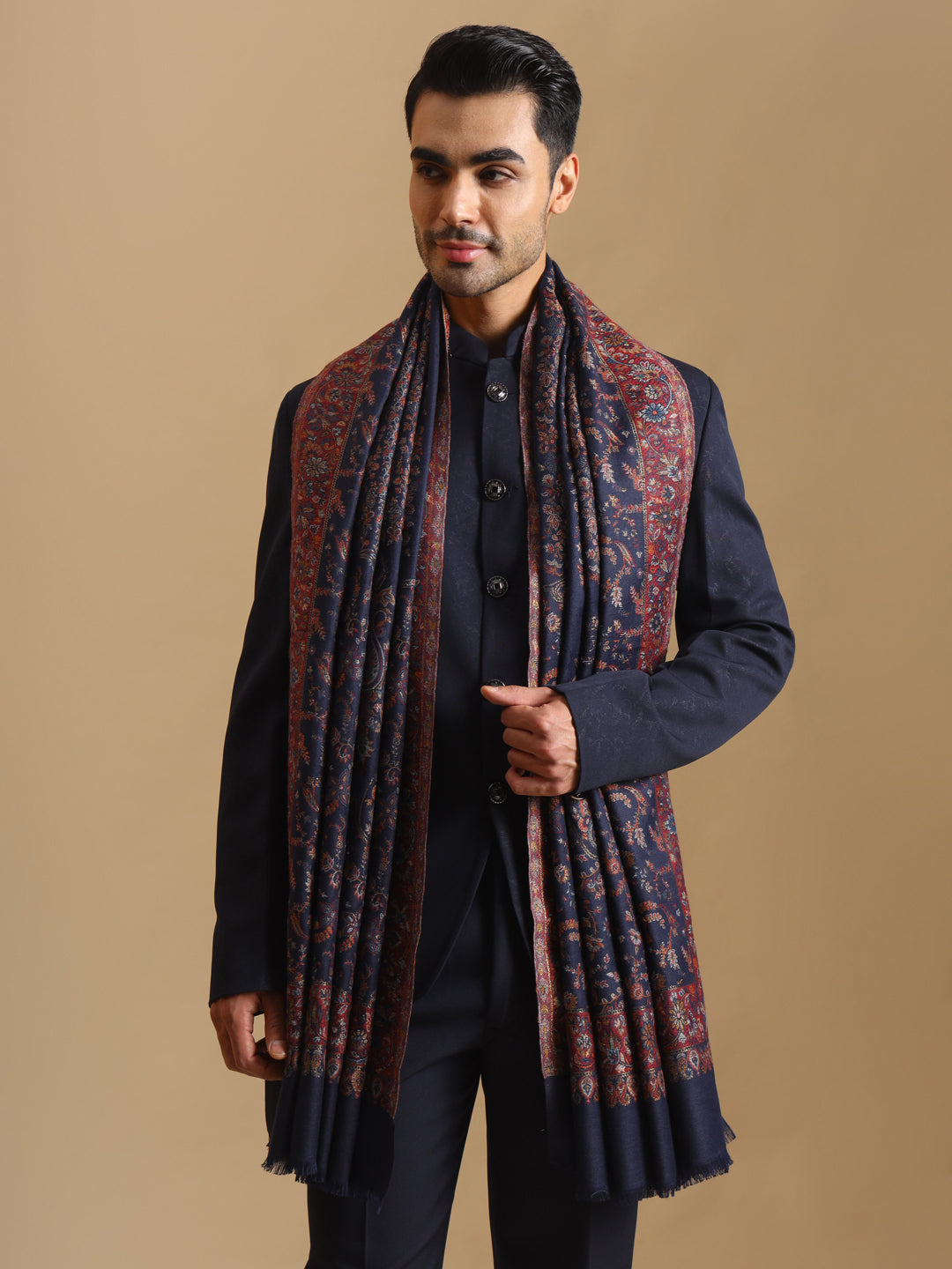 Kani Weave Traditional Pattern Shawl for Men | Blue