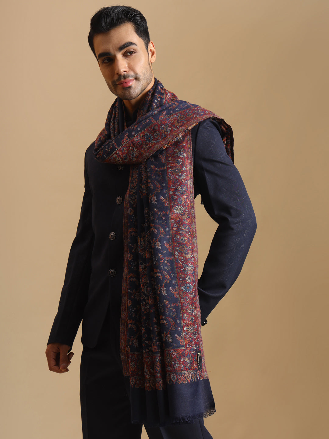 Kani Weave Traditional Pattern Shawl for Men | Blue