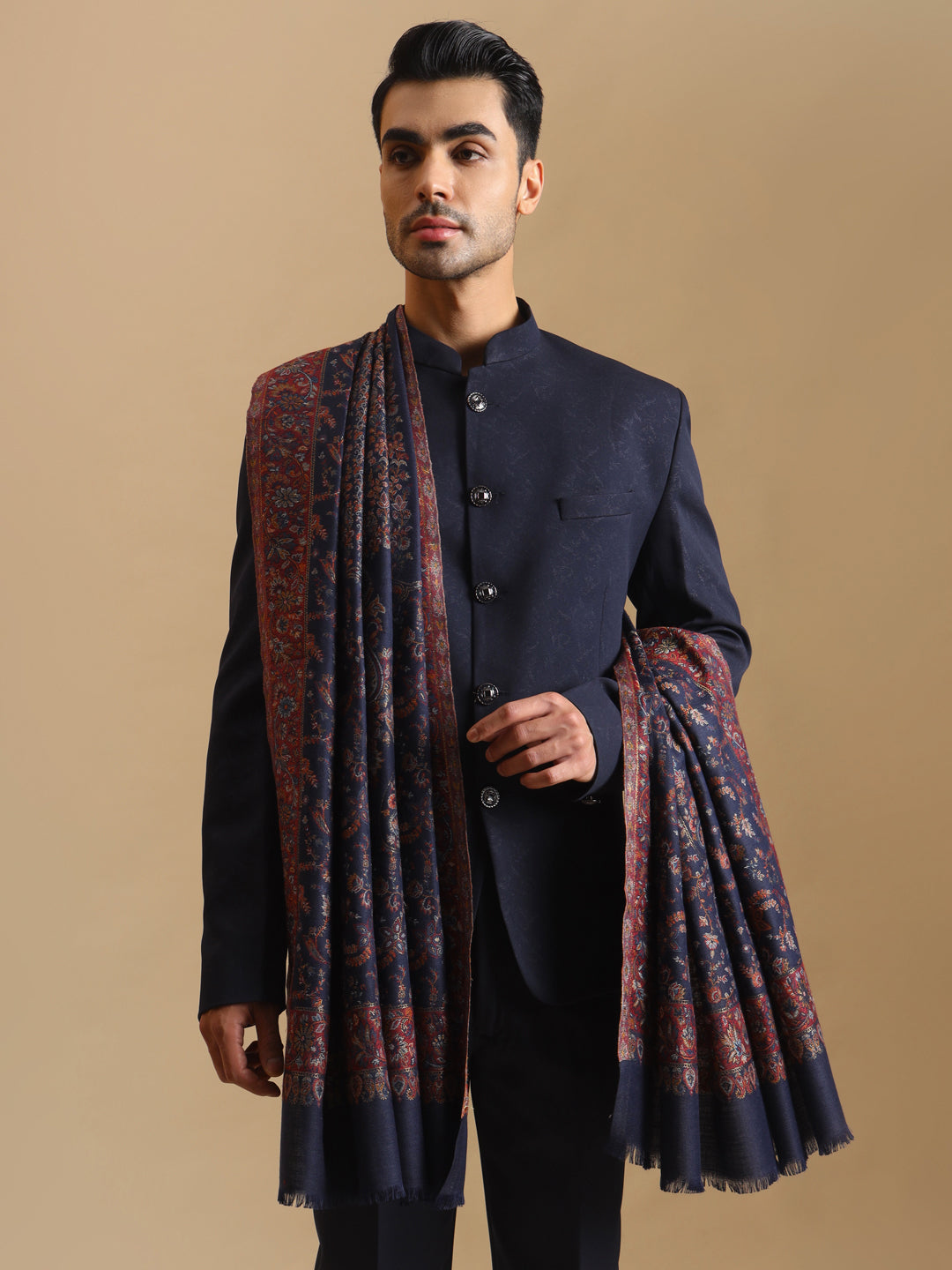 Kani Weave Traditional Pattern Shawl for Men | Blue