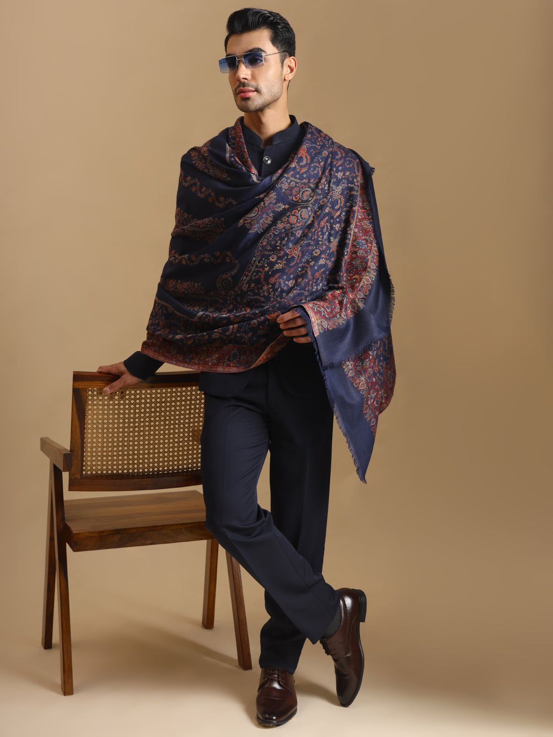 Kani Weave Traditional Pattern Shawl for Men | Blue