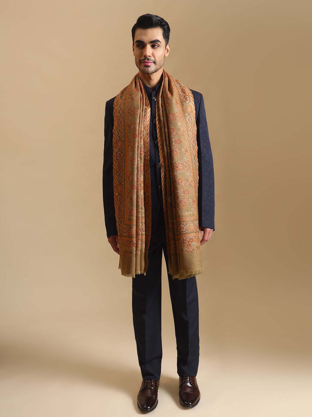 Traditional Kani Weave Pure Wool Shawl for Men | Brown