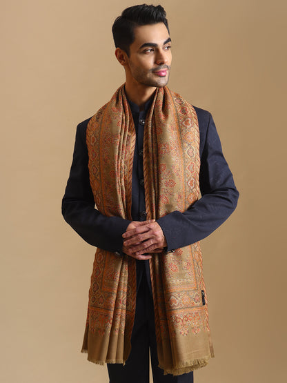 Traditional Kani Weave Pure Wool Shawl for Men | Brown