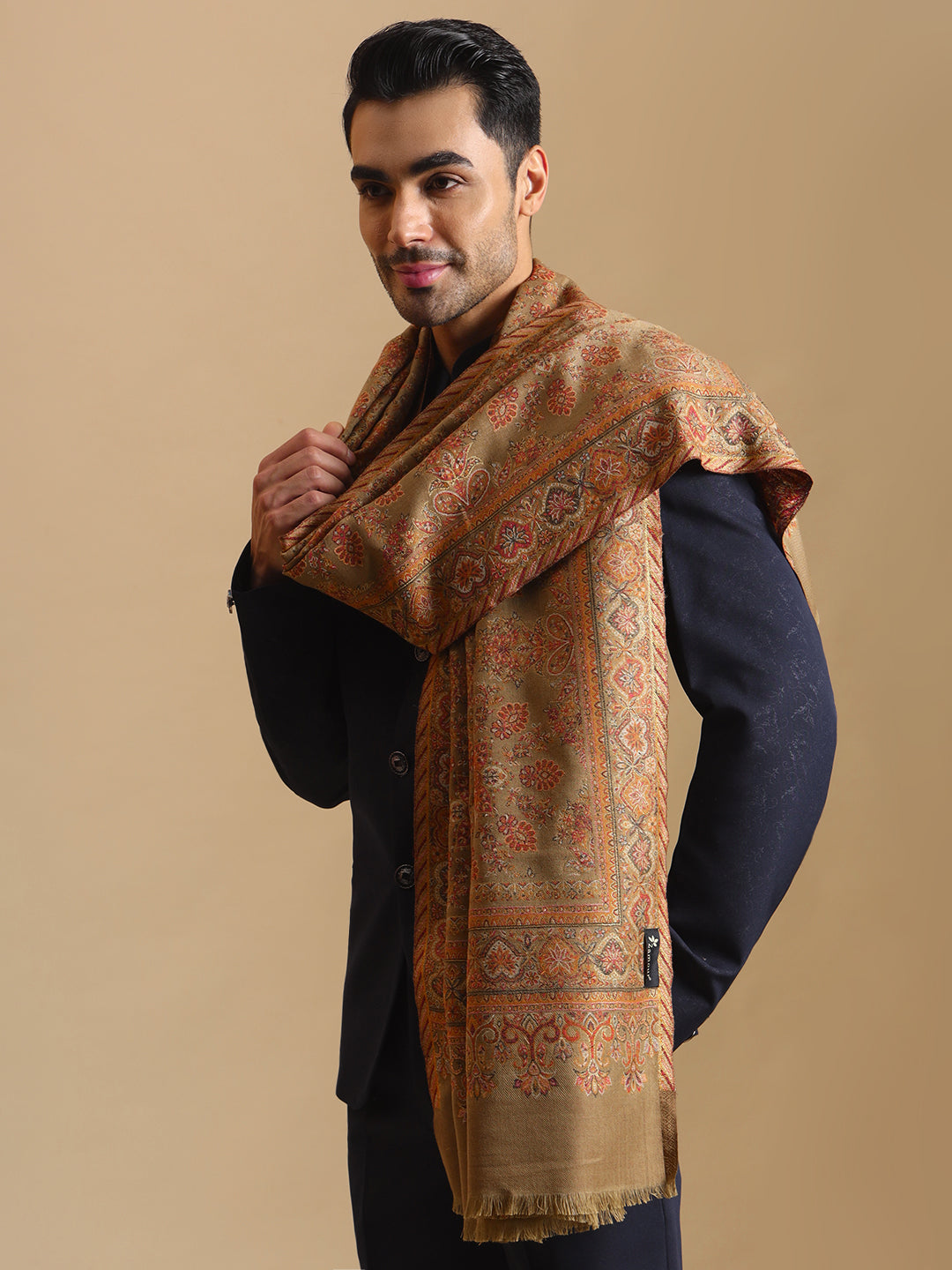 Traditional Kani Weave Pure Wool Shawl for Men | Brown