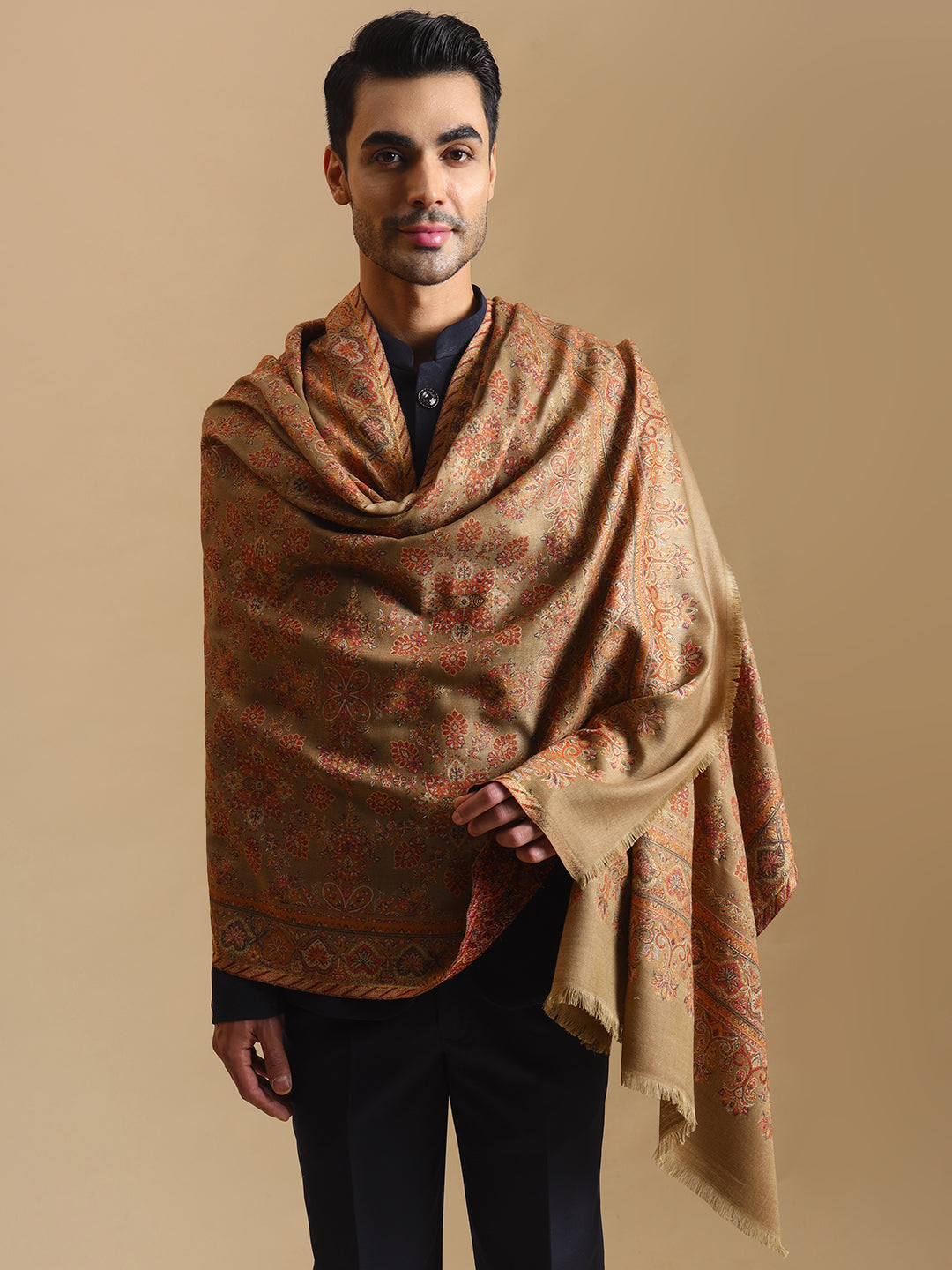 Traditional Kani Weave Pure Wool Shawl for Men | Brown