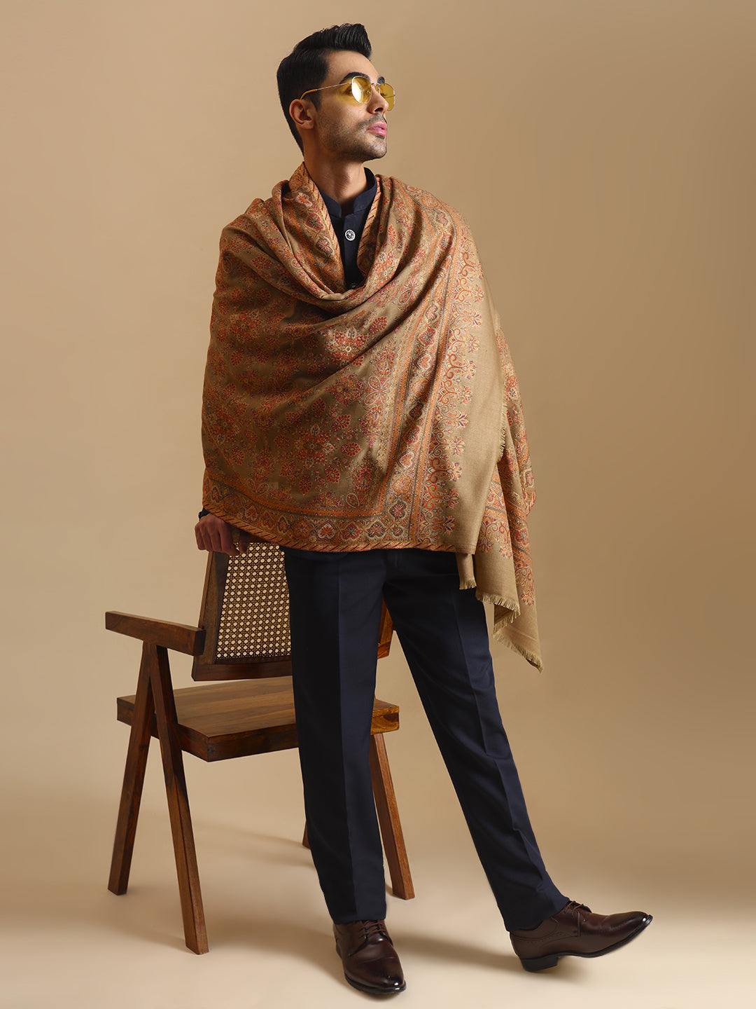 Traditional Kani Weave Pure Wool Shawl for Men | Brown