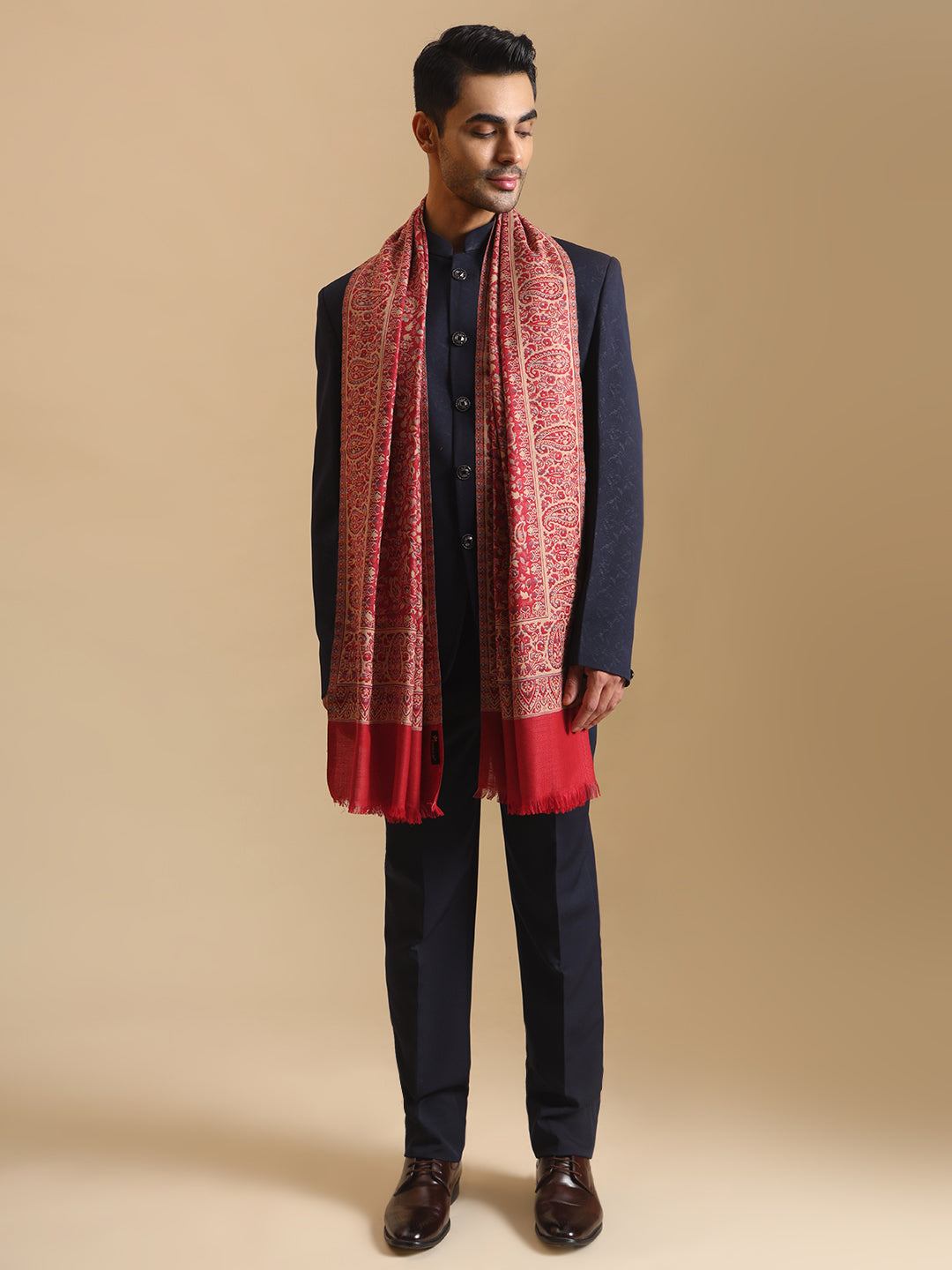 Kani Weave Woven Design Ethnic Stole for Men | Maroon