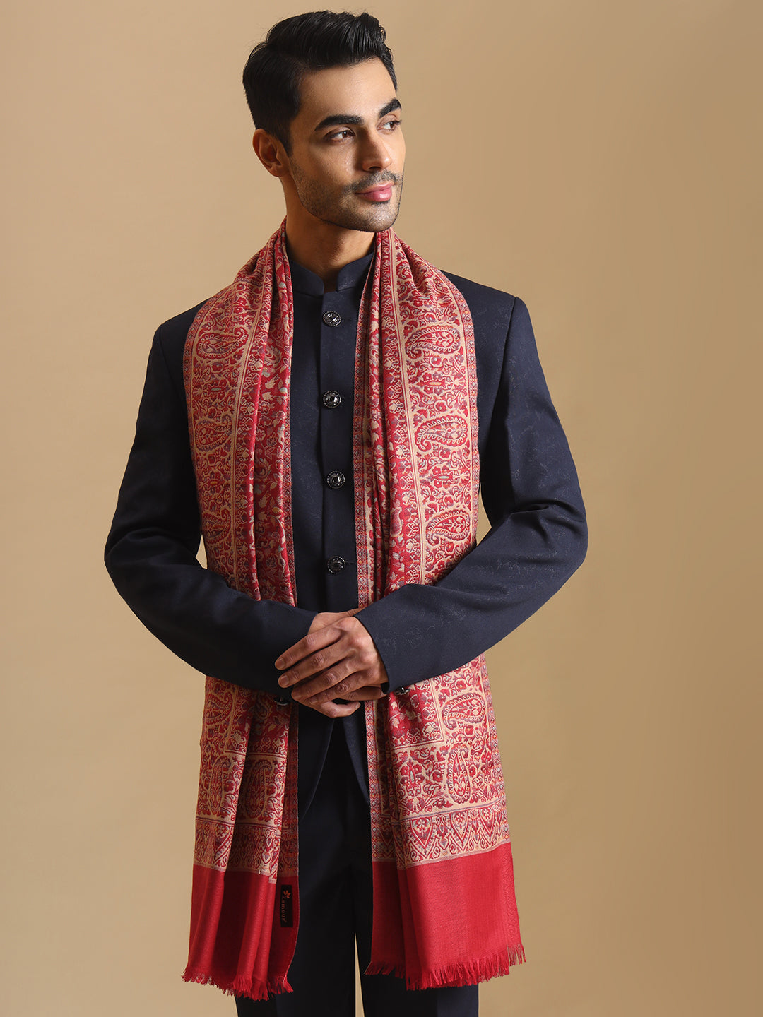 Kani Weave Woven Design Ethnic Stole for Men | Maroon