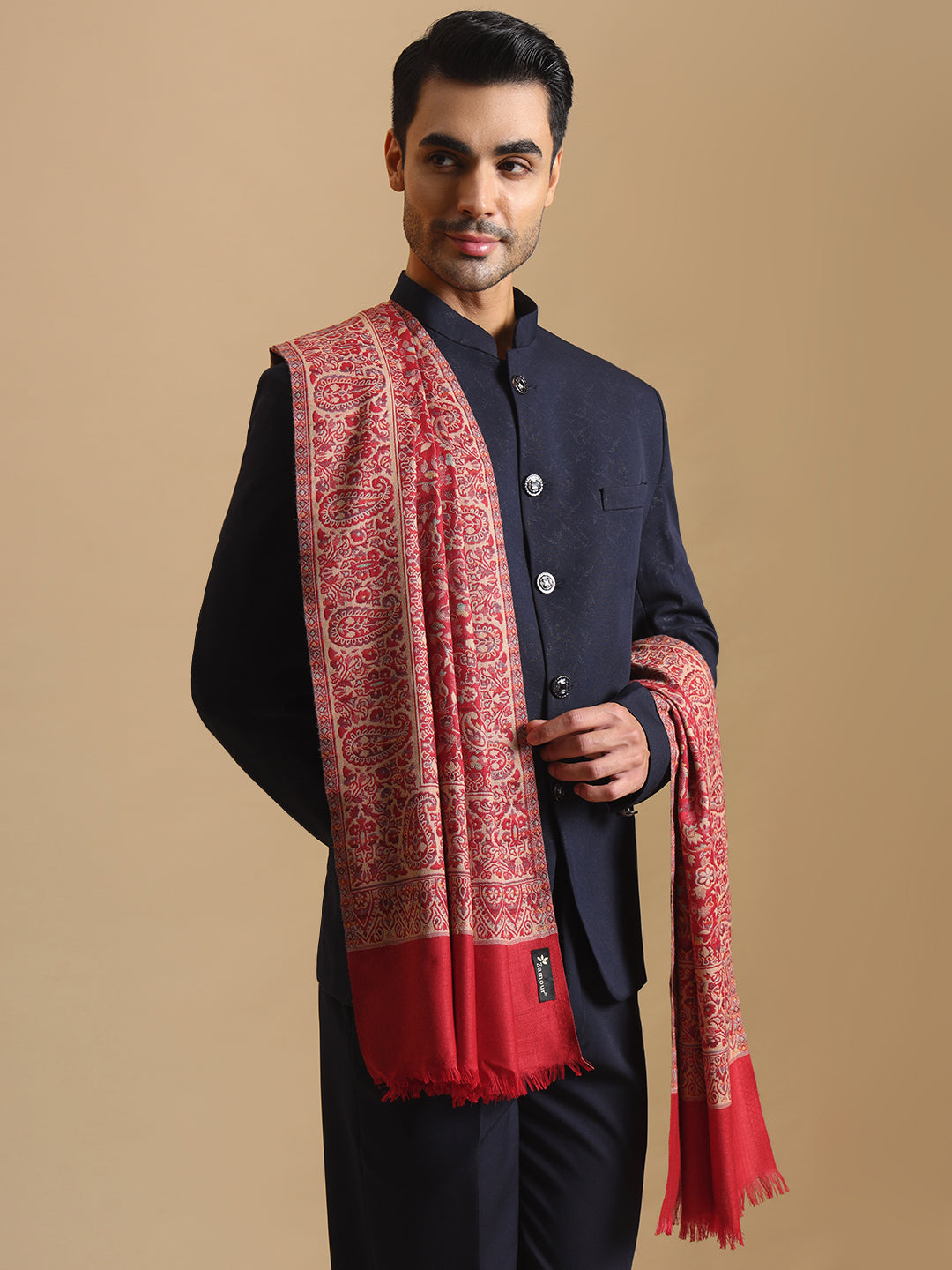 Kani Weave Woven Design Ethnic Stole for Men | Maroon