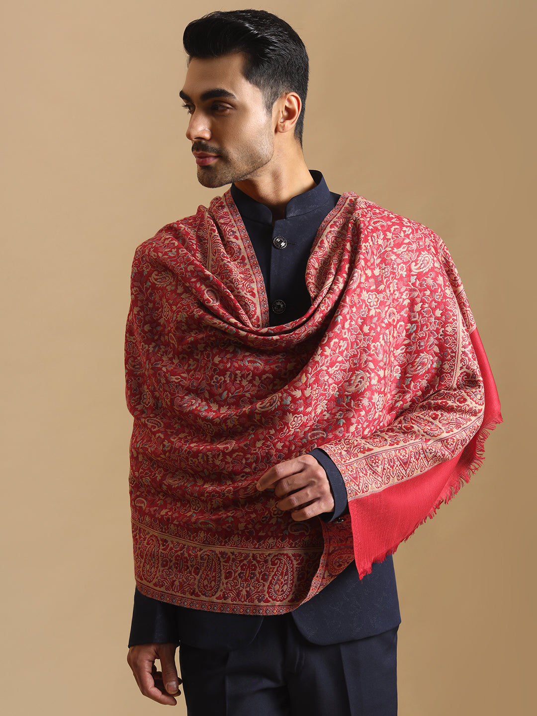 Kani Weave Woven Design Ethnic Stole for Men | Maroon