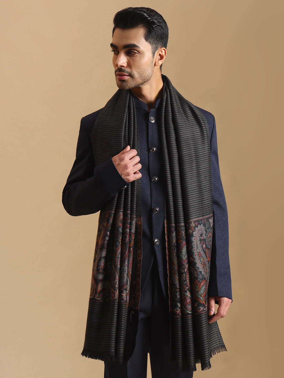 Kani Woven Border Pure Wool Shawl for Men | Black