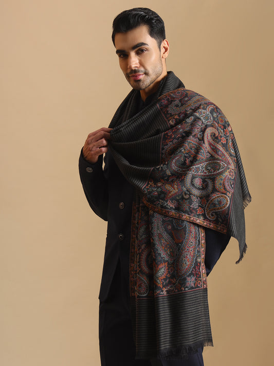 Kani Woven Border Pure Wool Shawl for Men | Black