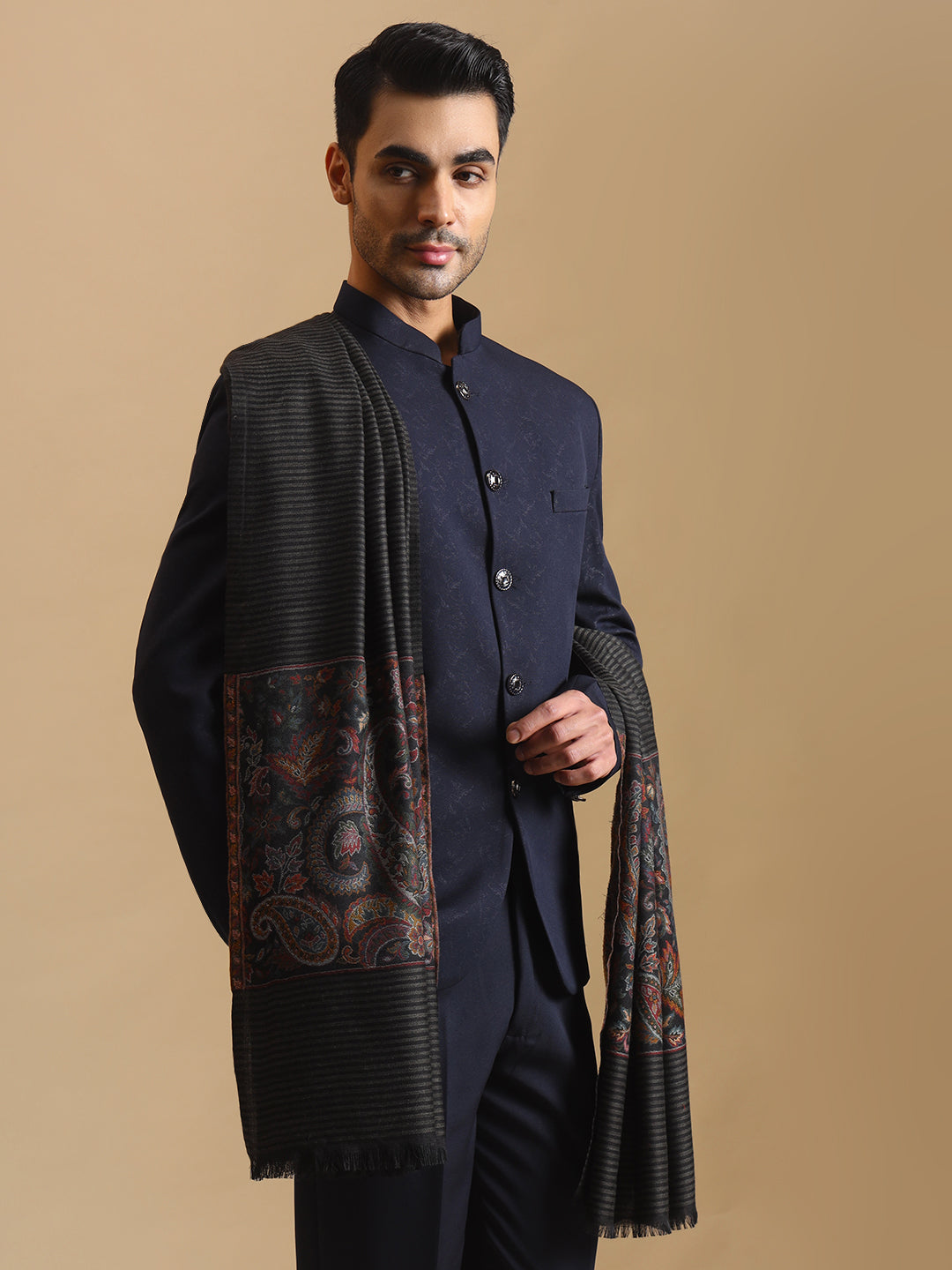 Kani Woven Border Pure Wool Shawl for Men | Black