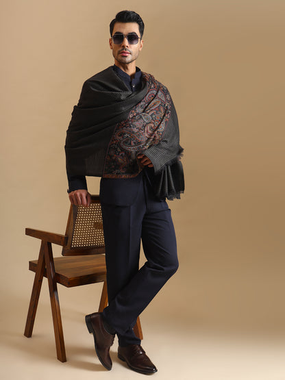 Kani Woven Border Pure Wool Shawl for Men | Black