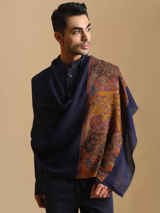 Kani Weave Paisley Border Pure Wool Stole for Men | Blue