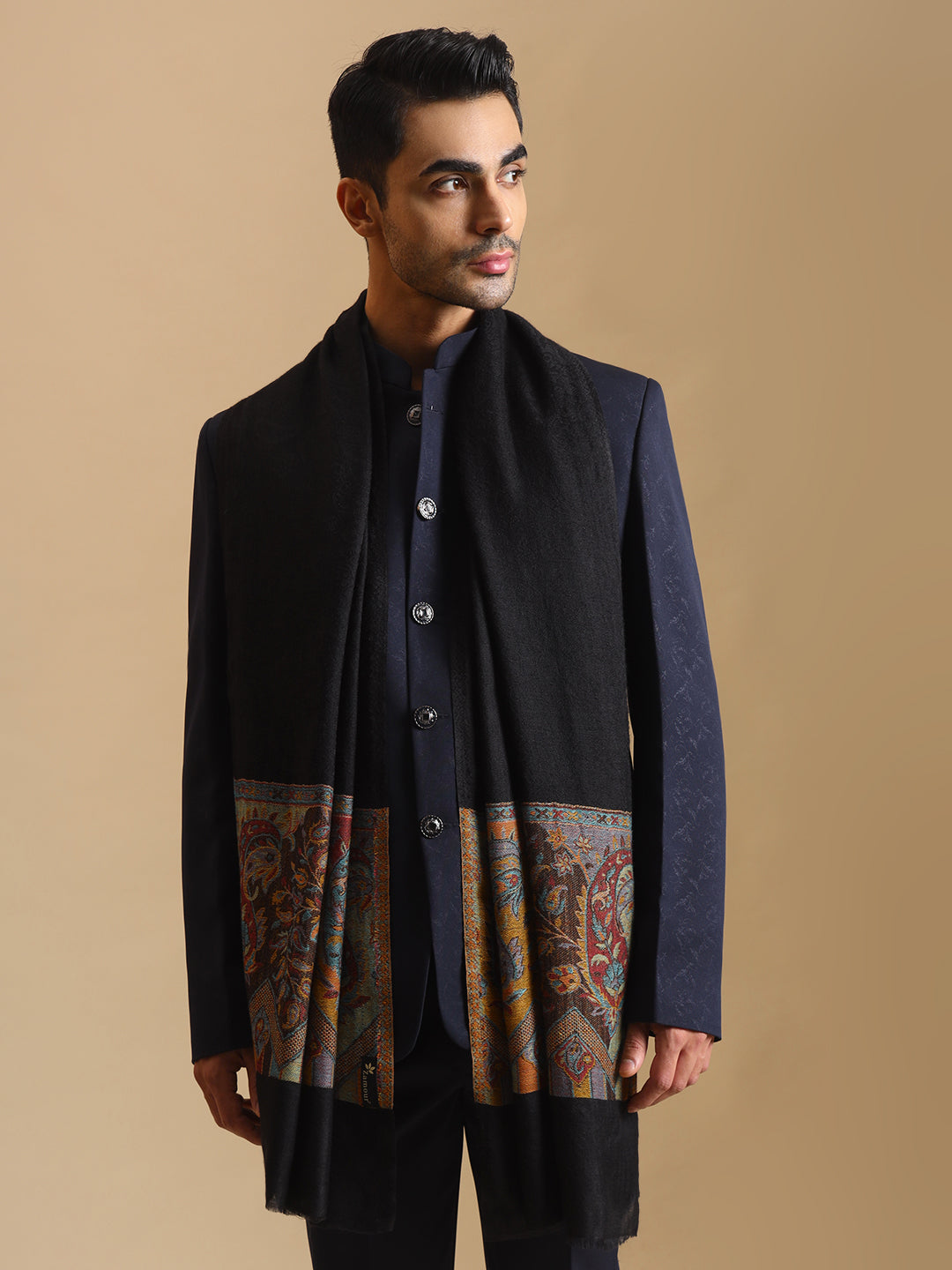 Kani Weave Paisley Border Pure Wool Stole for Men | Black