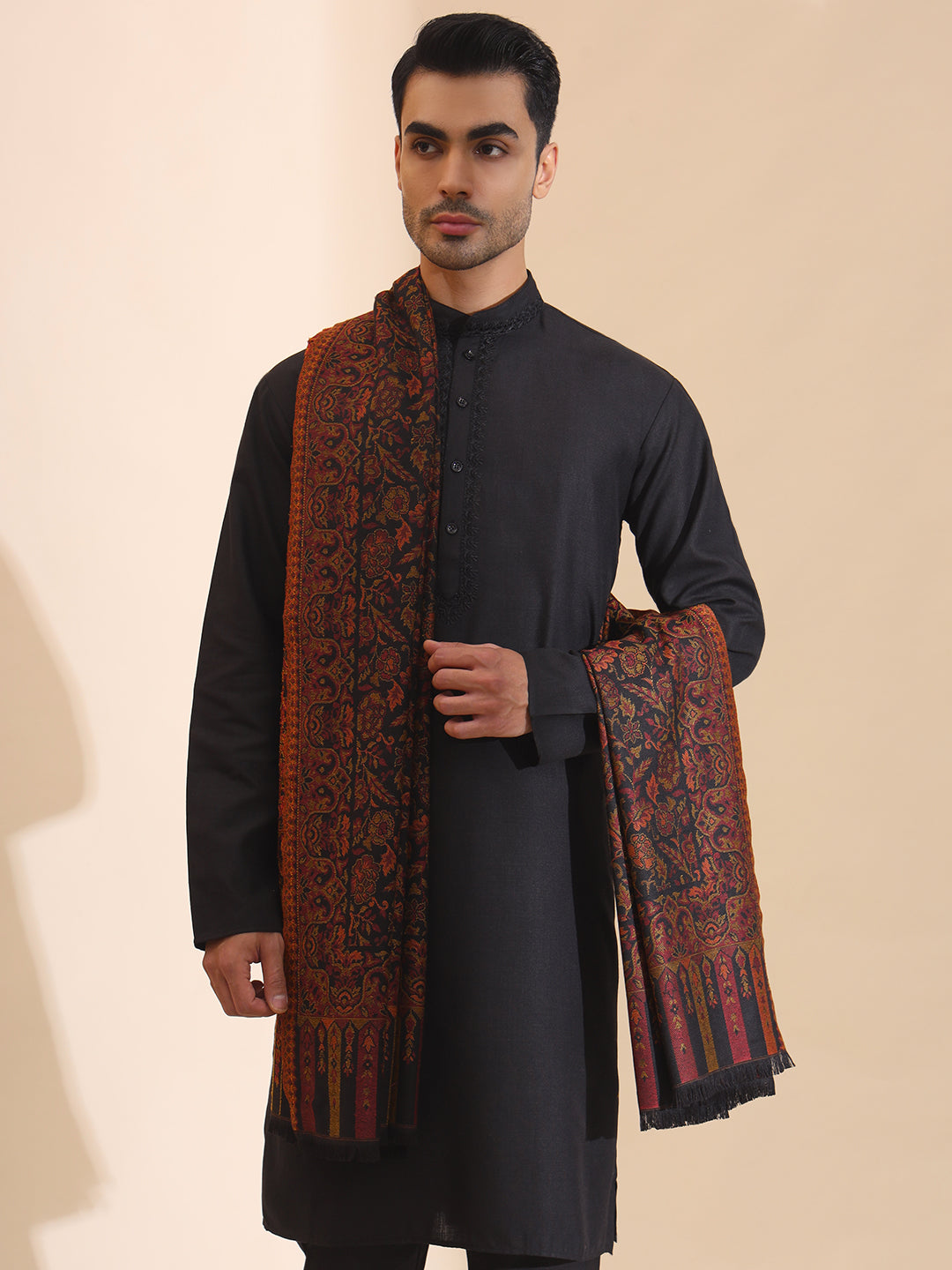 Kani Weave Jaal Pattern Shawl for Men | Black