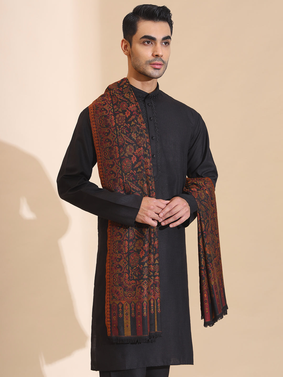 Kani Weave Jaal Pattern Shawl for Men | Black